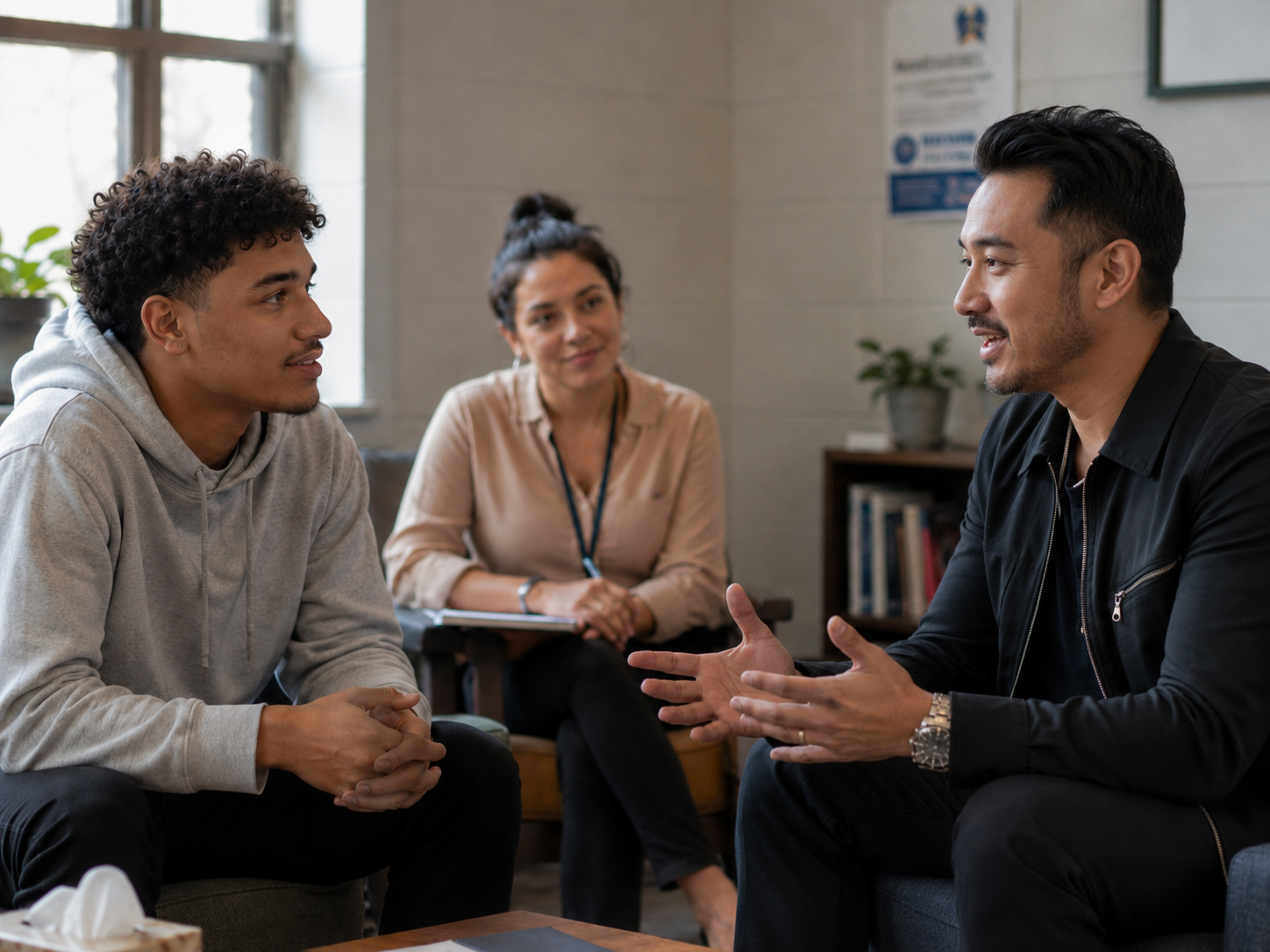 A hosted one to one style conversation with a facilitator present