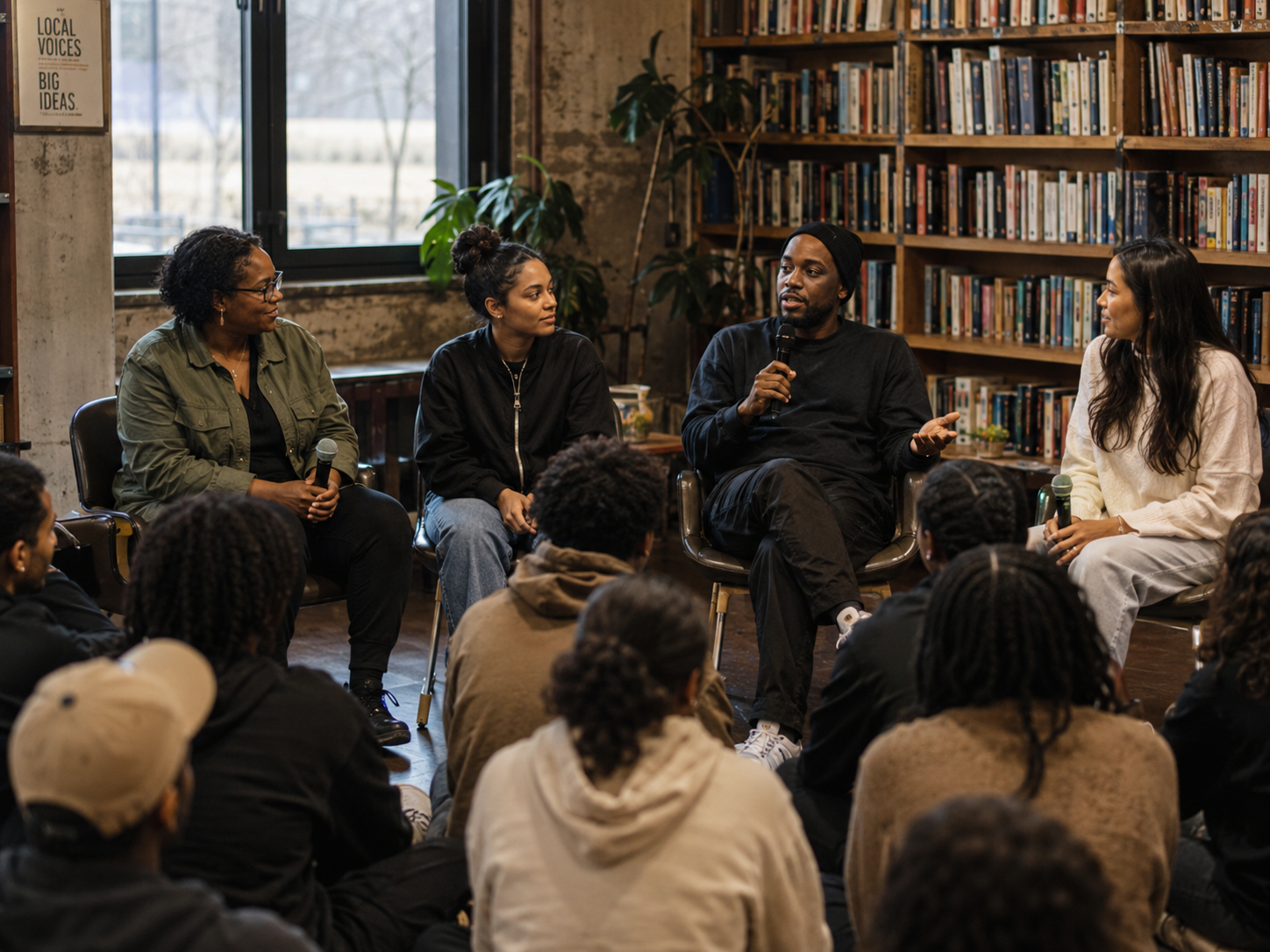 A white female exceptional person speaking with a small group of young people